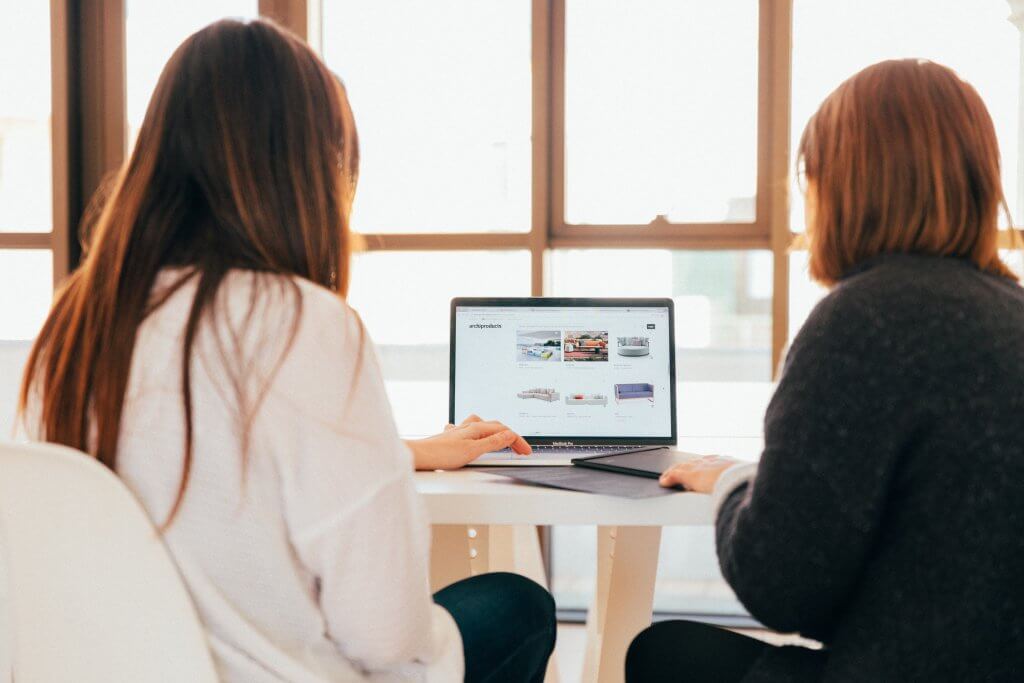 Two women working on a website